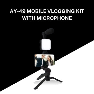 AY-49 Mobile Vlogging Kit with Microphone & LED Light | Tripod Stand | YouTube, TikTok & Live Streaming